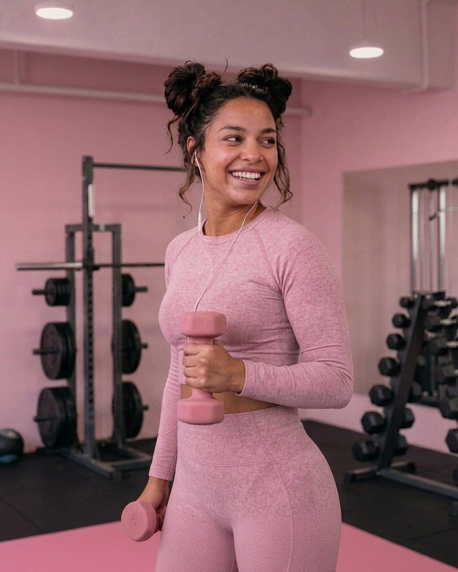 A smiling member in pink activewear holding a dumbbell at Ladies Gym, Edgware